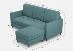 Divano 198x85cm design a tre posti comodo con pouf tessuto idrorepellente blu petrolio DI28