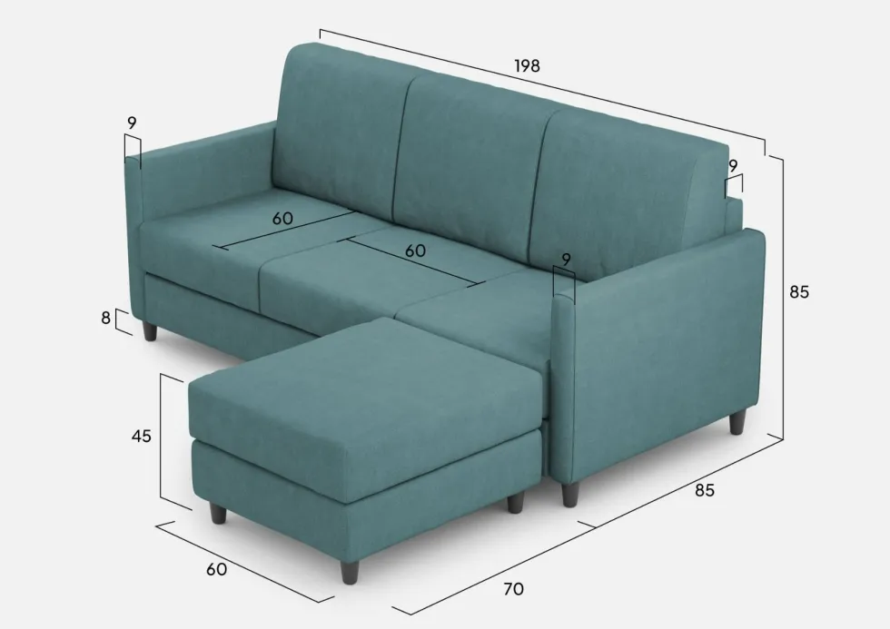 Divano 198x85cm design a tre posti comodo con pouf tessuto idrorepellente blu petrolio DI28