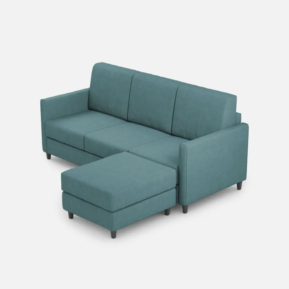 Divano 198x85cm design a tre posti comodo con pouf tessuto idrorepellente blu petrolio DI28