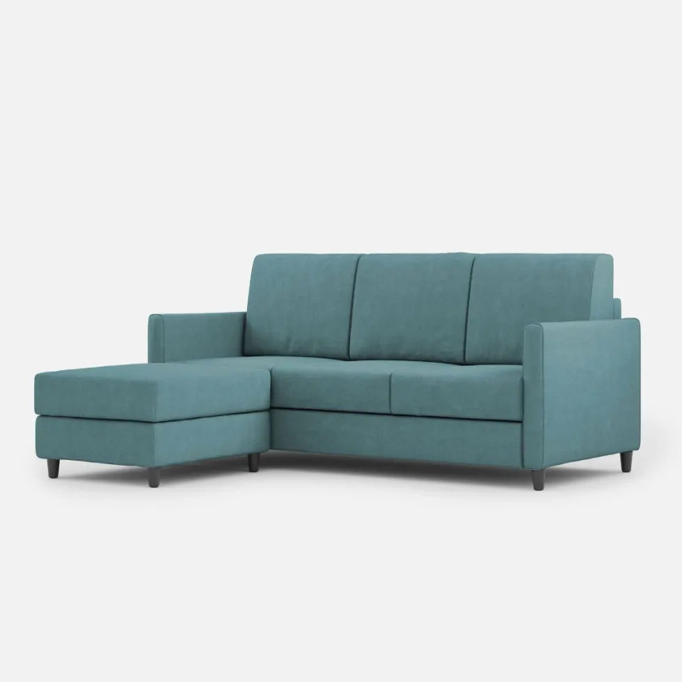 Divano 198x85cm design a tre posti comodo con pouf tessuto idrorepellente blu petrolio DI28