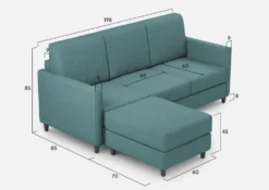 Divano 198x85cm design a tre posti comodo con pouf tessuto idrorepellente blu petrolio DI28