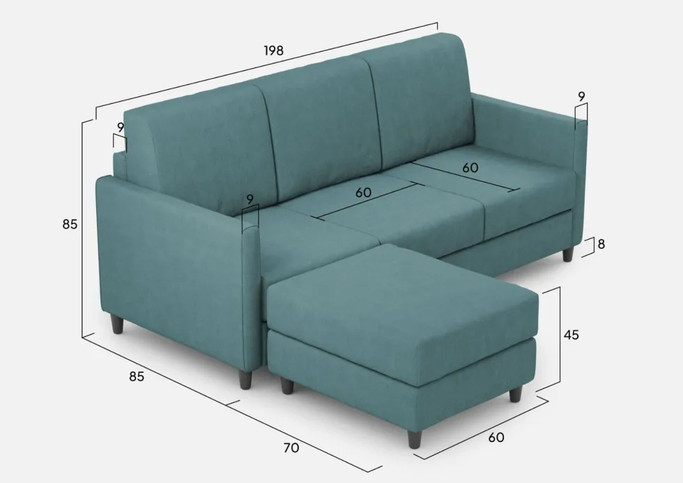 Divano 198x85cm design a tre posti comodo con pouf tessuto idrorepellente blu petrolio DI28