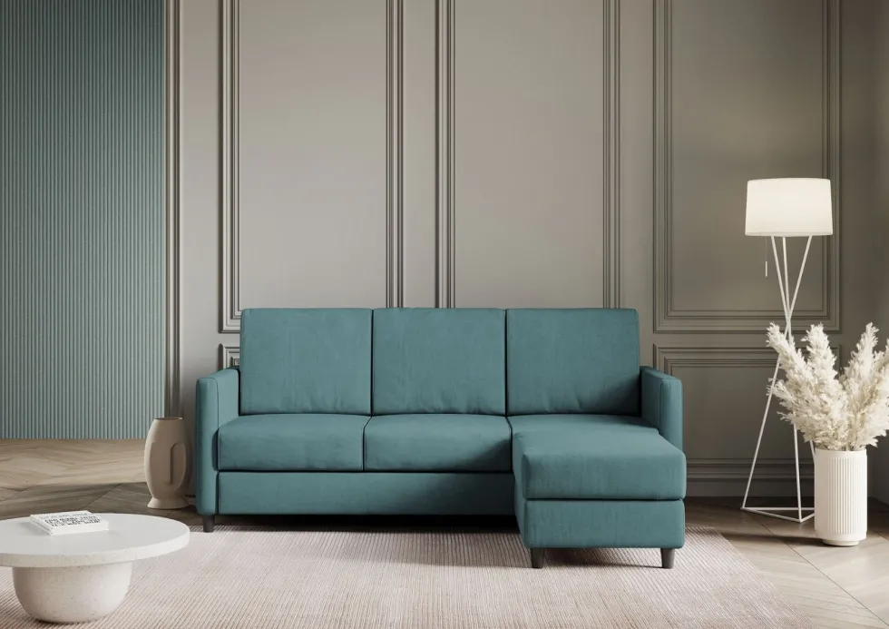 Divano 198x85cm design a tre posti comodo con pouf tessuto idrorepellente blu petrolio DI28