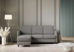 Divano 198x85cm design a tre posti comodo con pouf tessuto idrorepellente grigio DI28