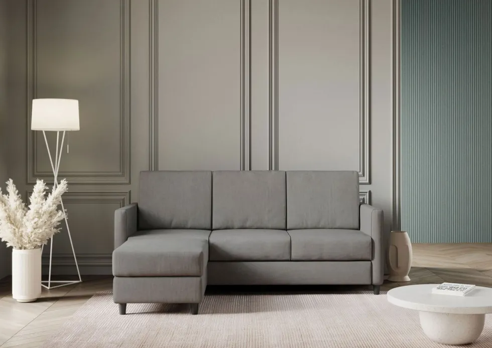 Divano 198x85cm design a tre posti comodo con pouf tessuto idrorepellente grigio DI28