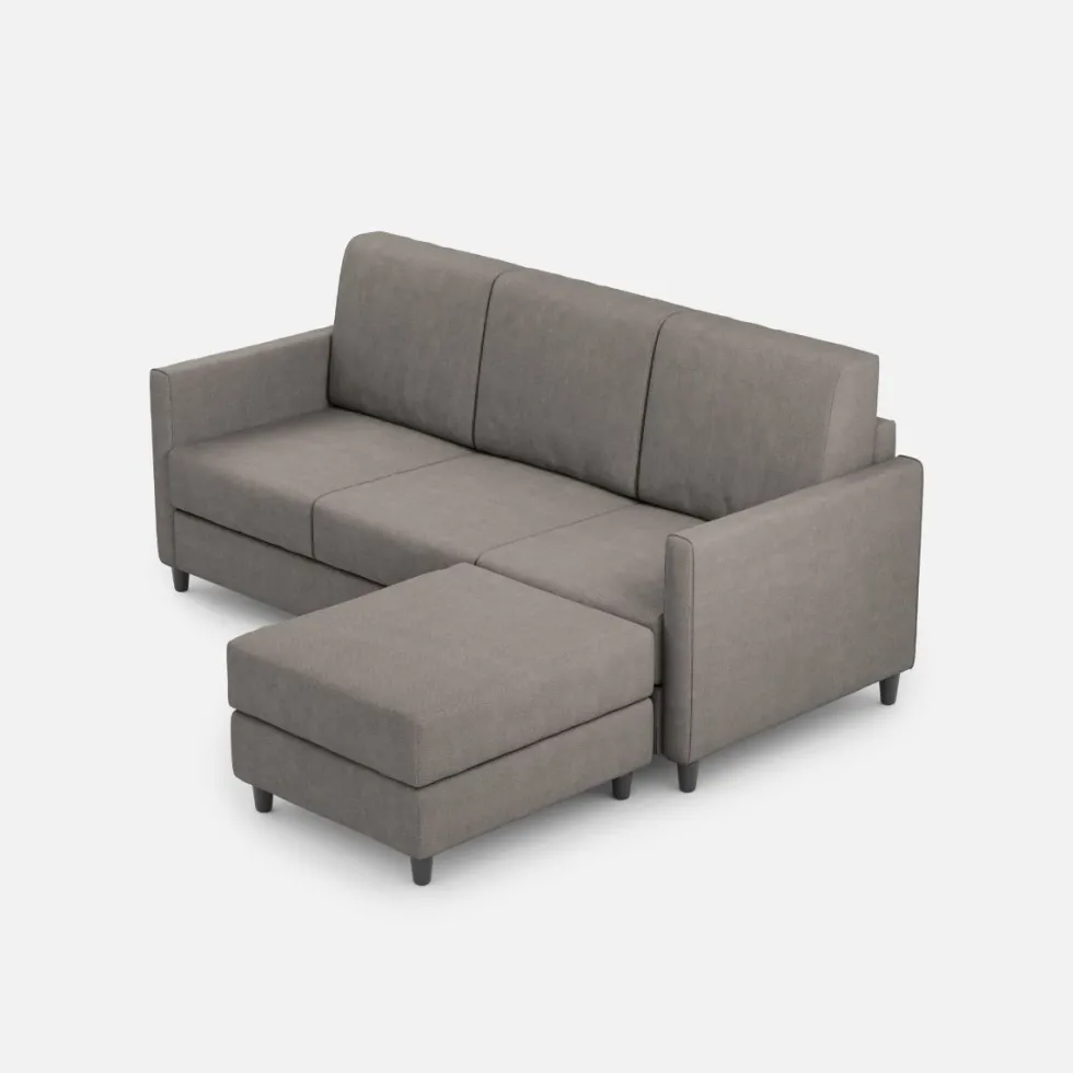Divano 198x85cm design a tre posti comodo con pouf tessuto idrorepellente grigio DI28