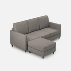 Divano 198x85cm design a tre posti comodo con pouf tessuto idrorepellente grigio DI28