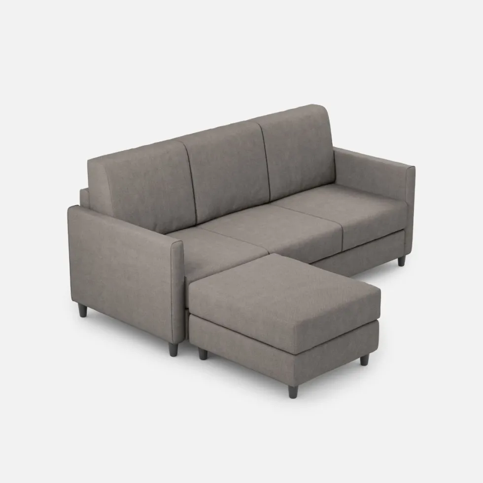 Divano 198x85cm design a tre posti comodo con pouf tessuto idrorepellente grigio DI28