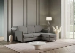 Divano 198x85cm design a tre posti comodo con pouf tessuto idrorepellente grigio DI28