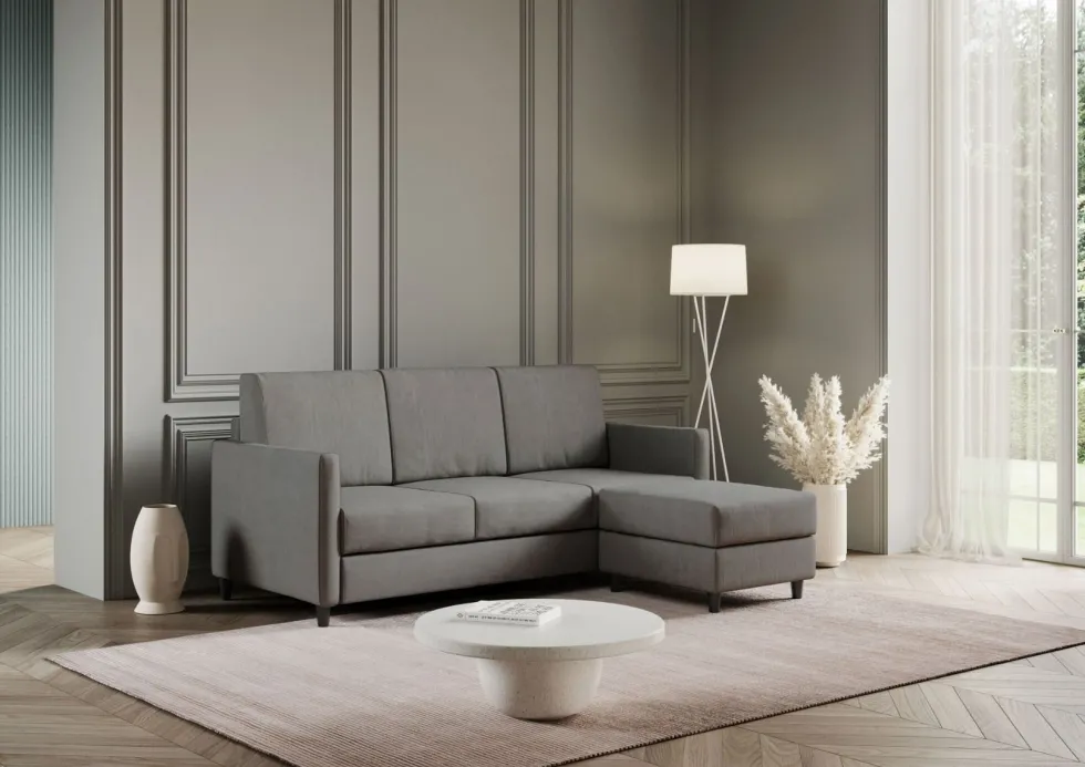 Divano 198x85cm design a tre posti comodo con pouf tessuto idrorepellente grigio DI28