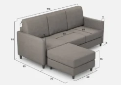 Divano 198x85cm design a tre posti comodo con pouf tessuto idrorepellente grigio DI28