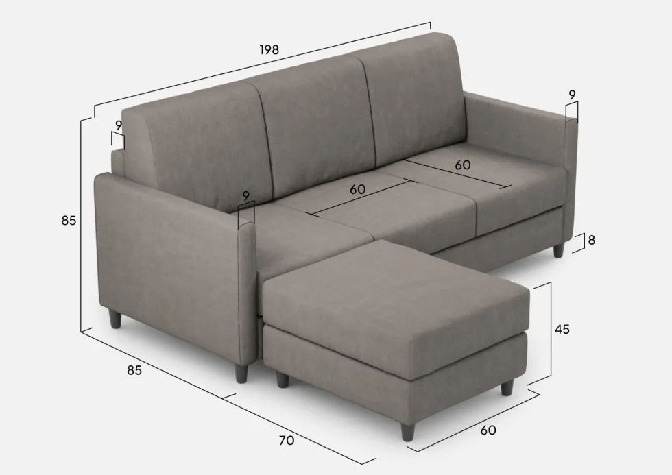 Divano 198x85cm design a tre posti comodo con pouf tessuto idrorepellente grigio DI28