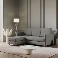Divano 198x85cm design a tre posti comodo con pouf tessuto idrorepellente grigio DI28