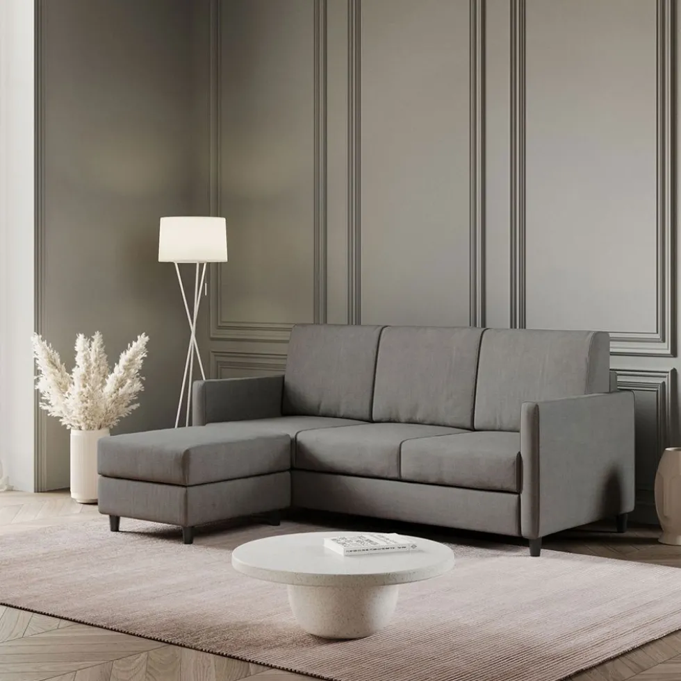 Divano 198x85cm design a tre posti comodo con pouf tessuto idrorepellente grigio DI28