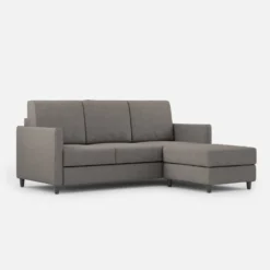 Divano 198x85cm design a tre posti comodo con pouf tessuto idrorepellente grigio DI28