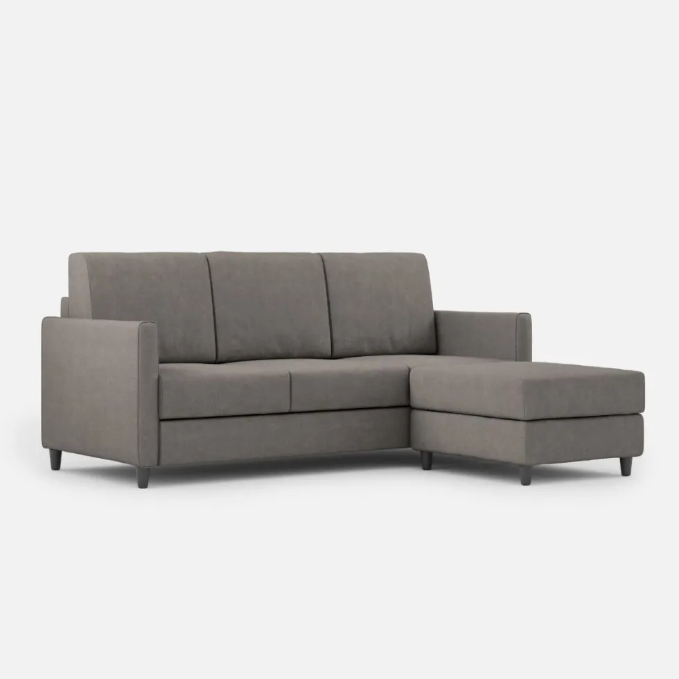 Divano 198x85cm design a tre posti comodo con pouf tessuto idrorepellente grigio DI28