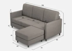 Divano 198x85cm design a tre posti comodo con pouf tessuto idrorepellente grigio DI28