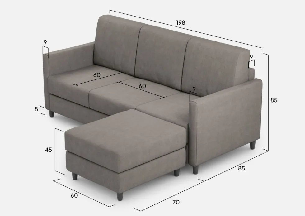 Divano 198x85cm design a tre posti comodo con pouf tessuto idrorepellente grigio DI28