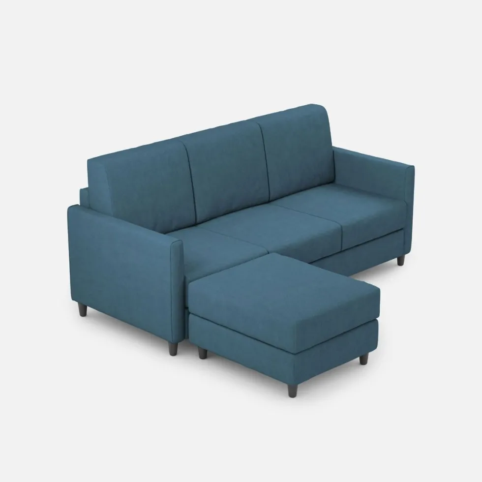 Divano 198x85cm design a tre posti comodo con pouf tessuto idrorepellente blu avio DI28