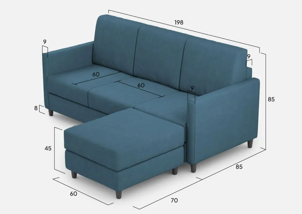 Divano 198x85cm design a tre posti comodo con pouf tessuto idrorepellente blu avio DI28
