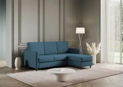 Divano 198x85cm design a tre posti comodo con pouf tessuto idrorepellente blu avio DI28