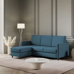 Divano 198x85cm design a tre posti comodo con pouf tessuto idrorepellente blu avio DI28