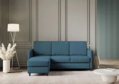 Divano 198x85cm design a tre posti comodo con pouf tessuto idrorepellente blu avio DI28