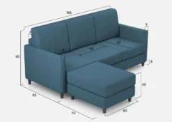 Divano 198x85cm design a tre posti comodo con pouf tessuto idrorepellente blu avio DI28