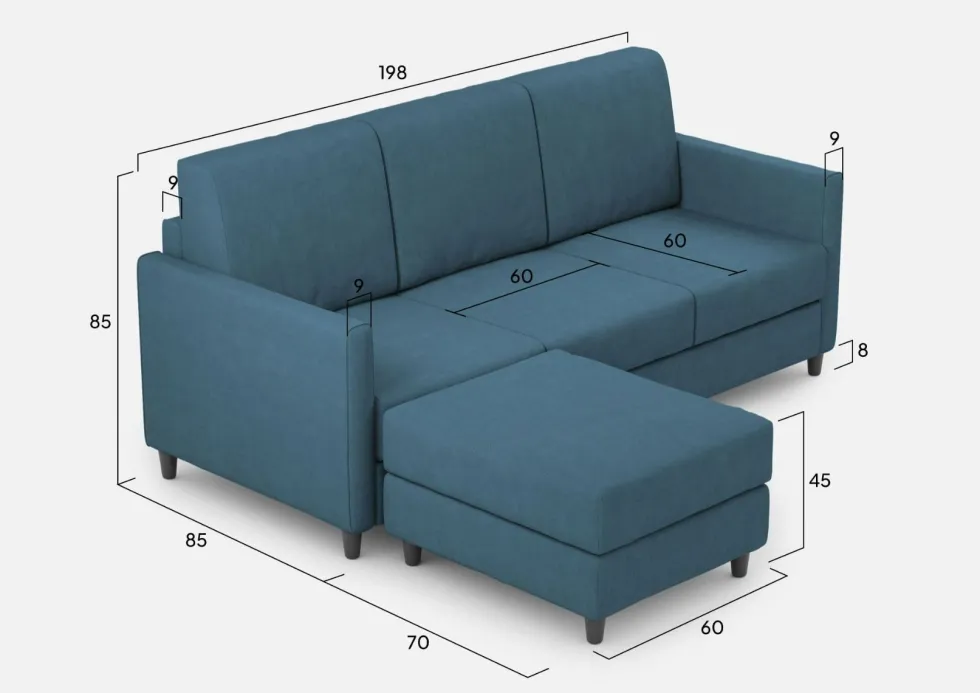 Divano 198x85cm design a tre posti comodo con pouf tessuto idrorepellente blu avio DI28