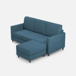 Divano 198x85cm design a tre posti comodo con pouf tessuto idrorepellente blu avio DI28