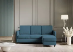 Divano 198x85cm design a tre posti comodo con pouf tessuto idrorepellente blu avio DI28