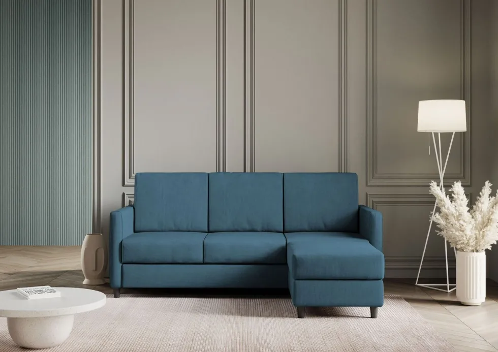 Divano 198x85cm design a tre posti comodo con pouf tessuto idrorepellente blu avio DI28