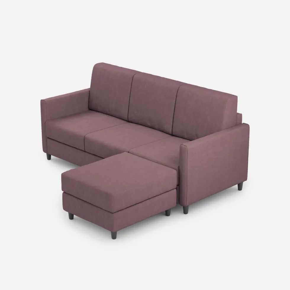 Divano 198x85cm design a tre posti comodo con pouf tessuto idrorepellente prugna DI28