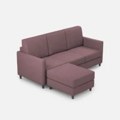 Divano 198x85cm design a tre posti comodo con pouf tessuto idrorepellente prugna DI28