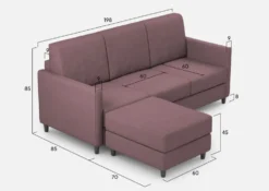 Divano 198x85cm design a tre posti comodo con pouf tessuto idrorepellente prugna DI28