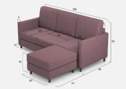 Divano 198x85cm design a tre posti comodo con pouf tessuto idrorepellente prugna DI28