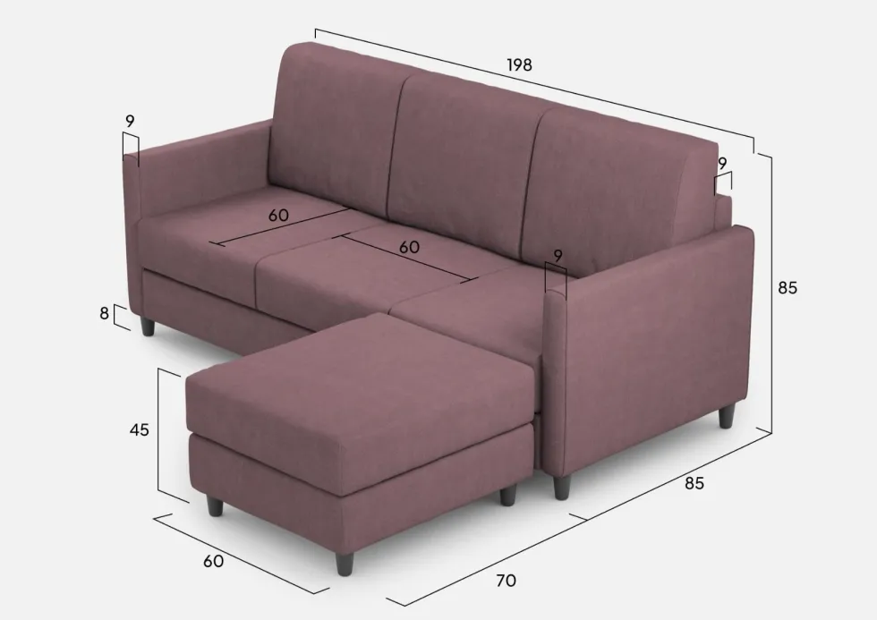 Divano 198x85cm design a tre posti comodo con pouf tessuto idrorepellente prugna DI28