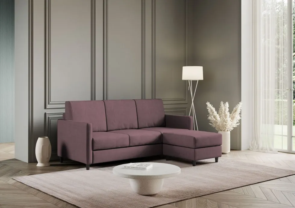 Divano 198x85cm design a tre posti comodo con pouf tessuto idrorepellente prugna DI28
