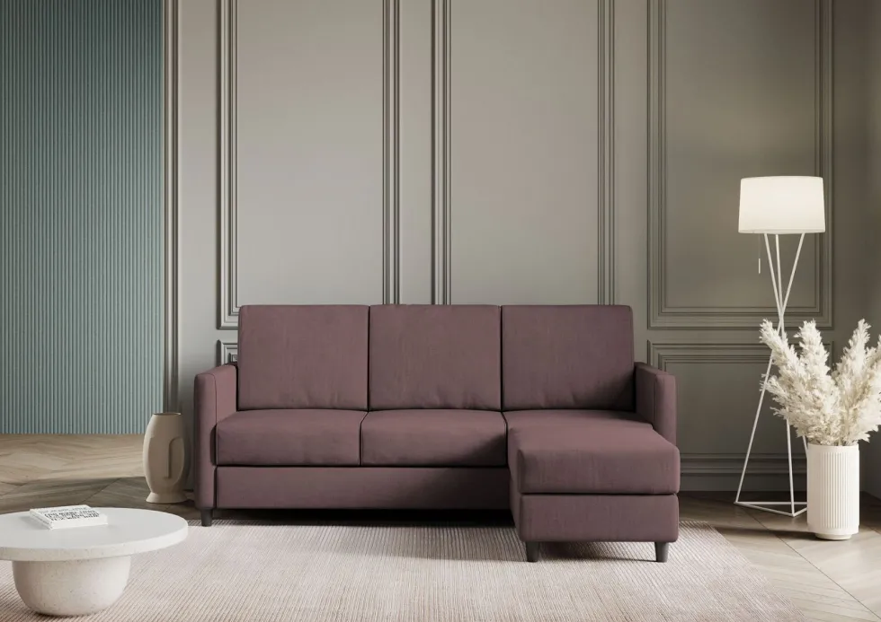 Divano 198x85cm design a tre posti comodo con pouf tessuto idrorepellente prugna DI28