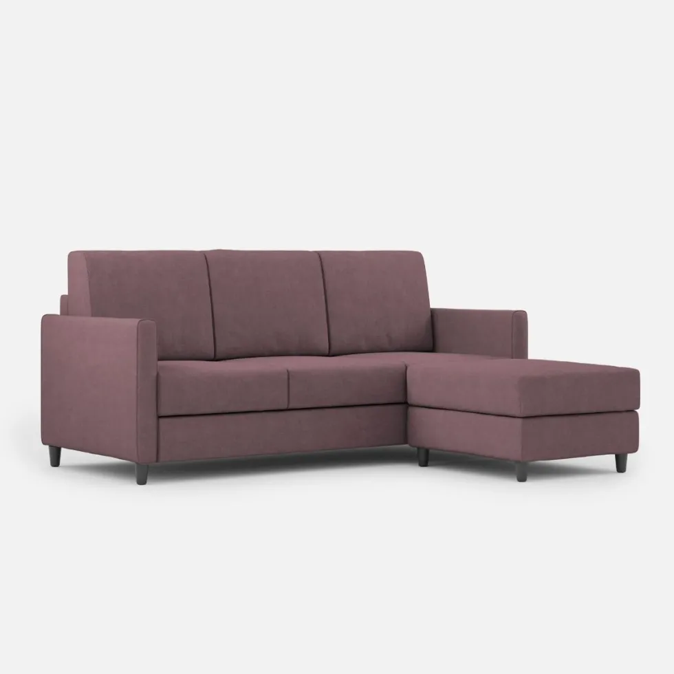 Divano 198x85cm design a tre posti comodo con pouf tessuto idrorepellente prugna DI28