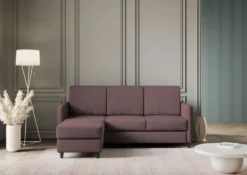 Divano 198x85cm design a tre posti comodo con pouf tessuto idrorepellente prugna DI28