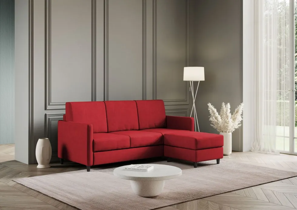 Divano 198x85cm design a tre posti comodo con pouf tessuto idrorepellente rosso DI28