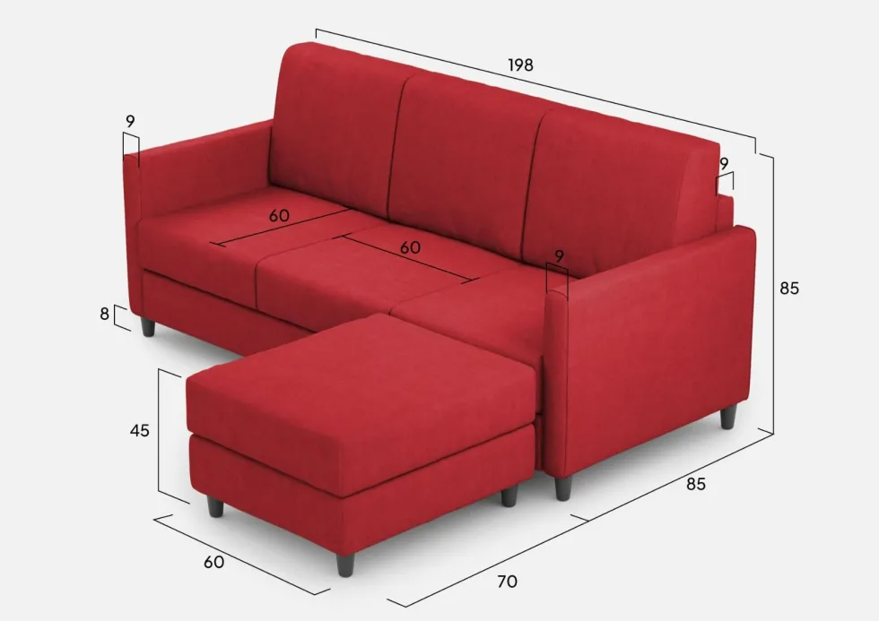 Divano 198x85cm design a tre posti comodo con pouf tessuto idrorepellente rosso DI28