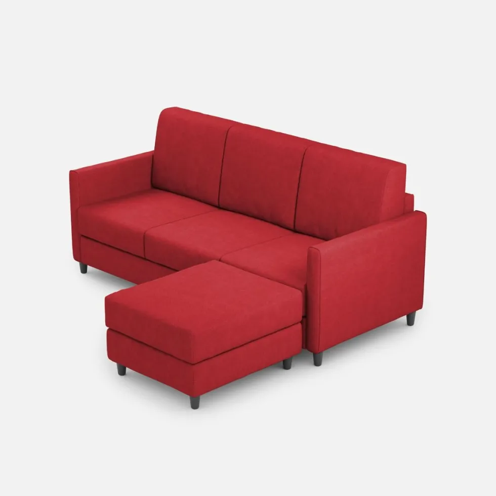 Divano 198x85cm design a tre posti comodo con pouf tessuto idrorepellente rosso DI28