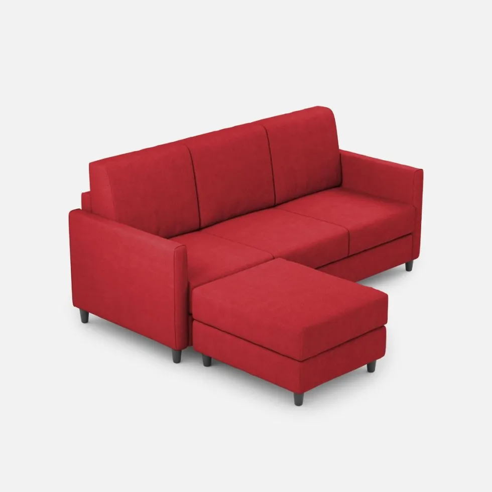 Divano 198x85cm design a tre posti comodo con pouf tessuto idrorepellente rosso DI28