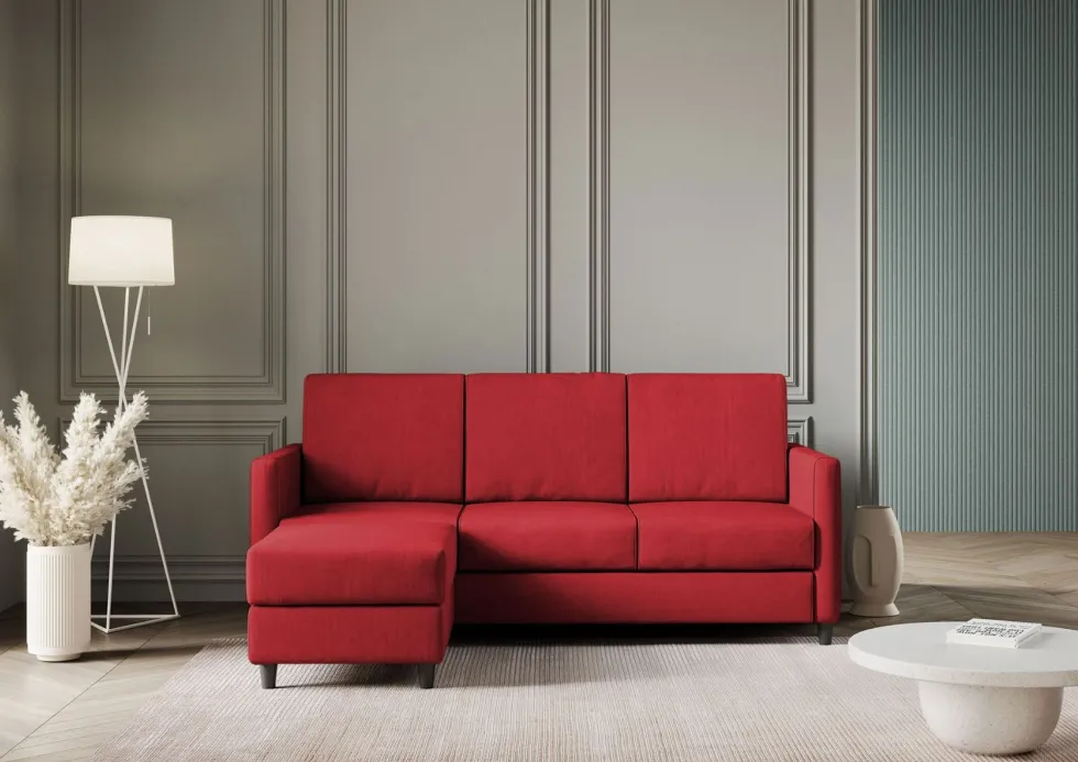 Divano 198x85cm design a tre posti comodo con pouf tessuto idrorepellente rosso DI28