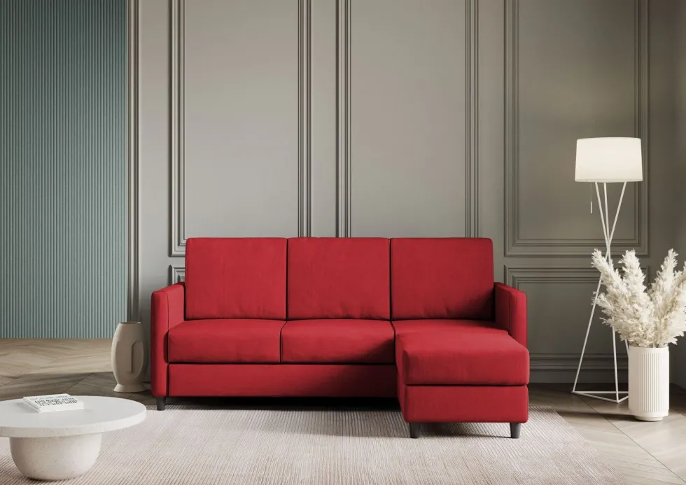Divano 198x85cm design a tre posti comodo con pouf tessuto idrorepellente rosso DI28