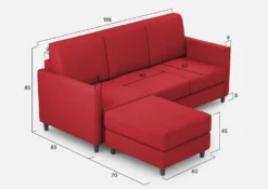 Divano 198x85cm design a tre posti comodo con pouf tessuto idrorepellente rosso DI28