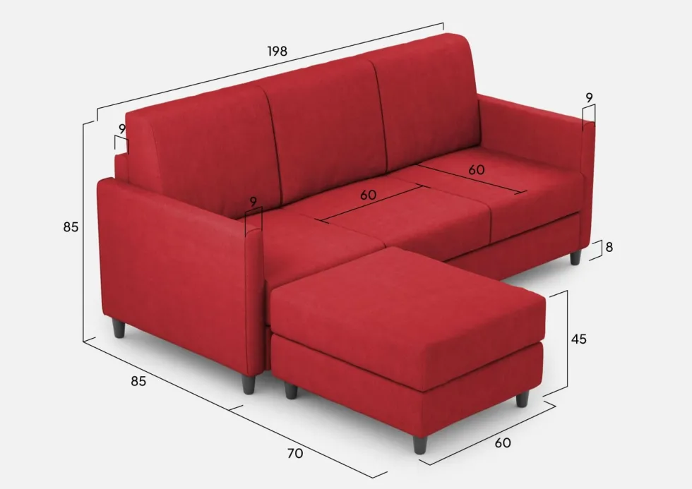 Divano 198x85cm design a tre posti comodo con pouf tessuto idrorepellente rosso DI28