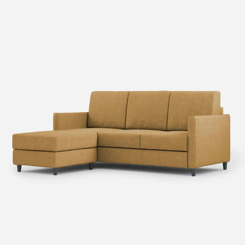 Divano 198x85cm design a tre posti comodo con pouf tessuto idrorepellente ocra DI28